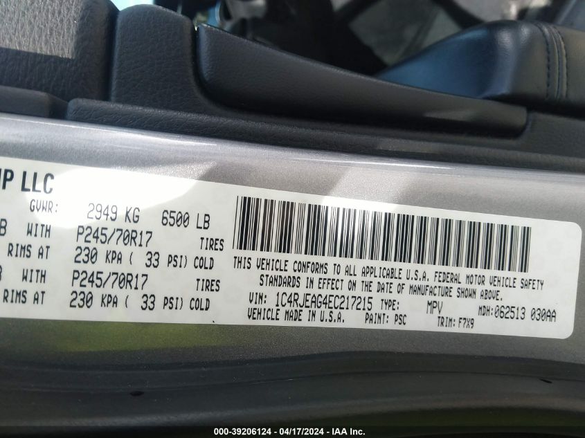 2014 Jeep Grand Cherokee Laredo VIN: 1C4RJEAG4EC217215 Lot: 39206124