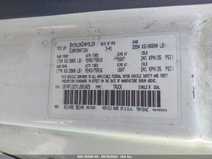 2001 Dodge Ram 1500 St VIN: 1B7HF13Z71J581025 Lot: 39206145
