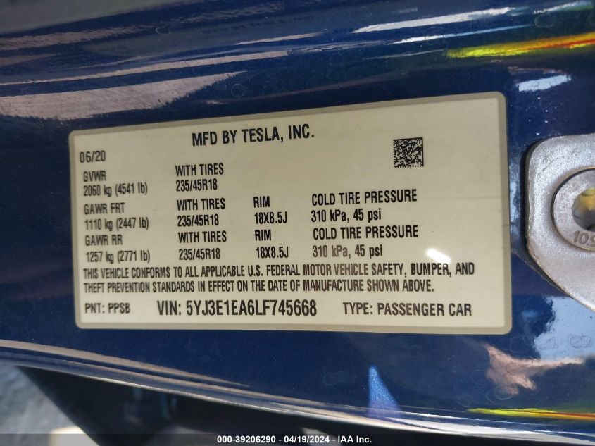 2020 Tesla Model 3 Standard Range Plus Rear-Wheel Drive/Standard Range Rear-Wheel Drive VIN: 5YJ3E1EA6LF745668 Lot: 39206290