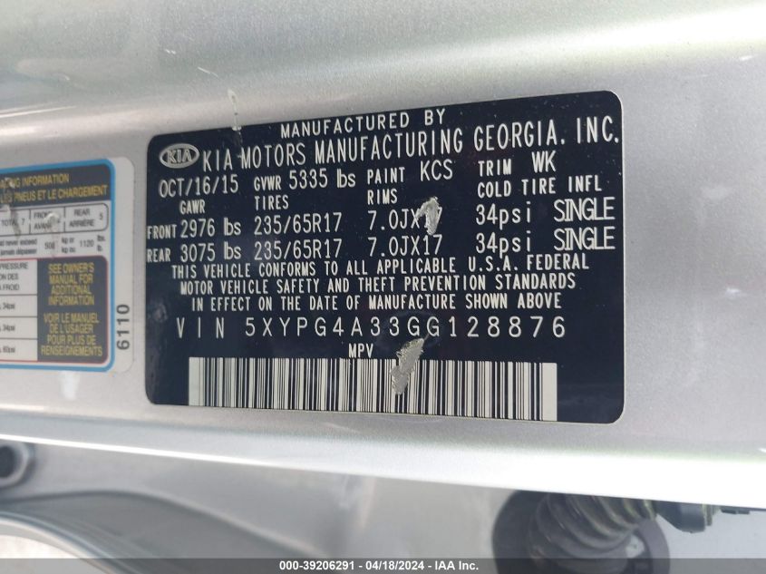 2016 Kia Sorento 2.4L Lx VIN: 5XYPG4A33GG128876 Lot: 39206291