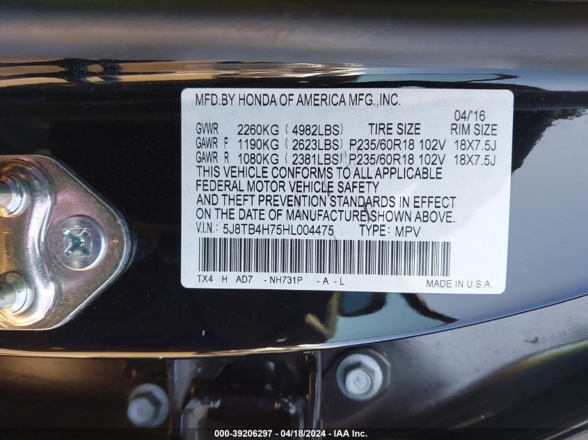 2017 Acura Rdx Advance Package VIN: 5J8TB4H75HL004475 Lot: 39206297