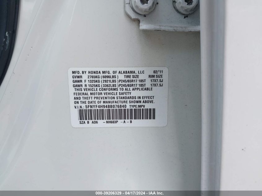 2011 Honda Pilot Touring VIN: 5FNYF4H94BB076840 Lot: 39206329