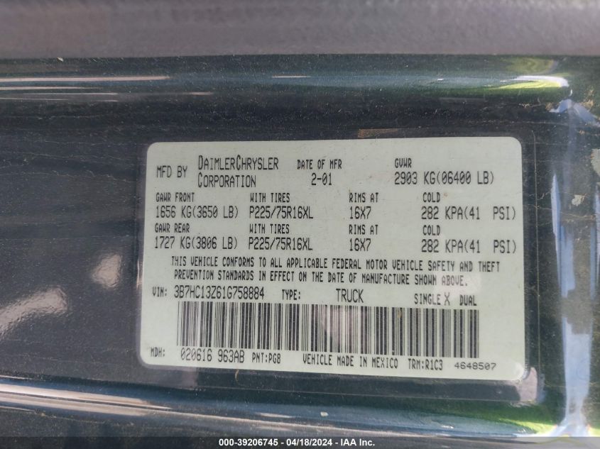 2001 Dodge Ram 1500 St VIN: 3B7HC13Z61G758884 Lot: 39206745