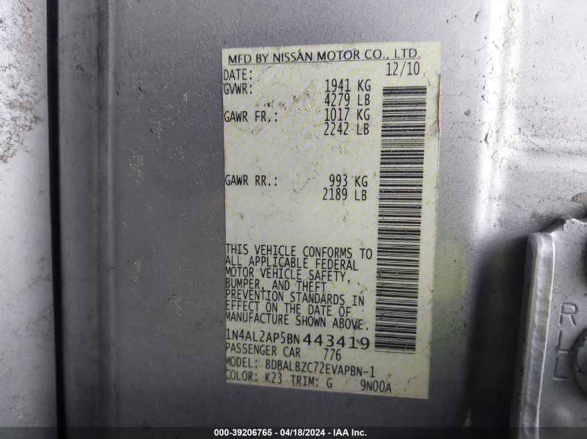 2011 Nissan Altima 2.5 S VIN: 1N4AL2AP5BN443419 Lot: 39206765