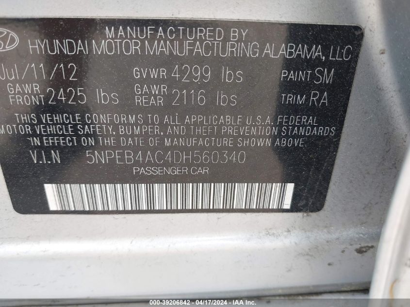 2013 Hyundai Sonata Gls VIN: 5NPEB4AC4DH560340 Lot: 39206842