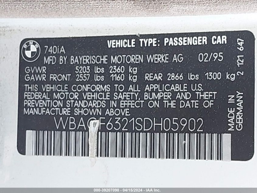 WBAGF6321SDH05902 | 1995 BMW 740