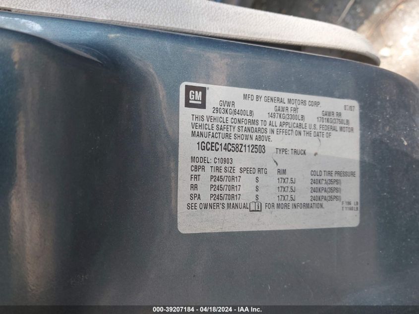 2008 Chevrolet Silverado 1500 Work Truck VIN: 1GCEC14C58Z112503 Lot: 39207184