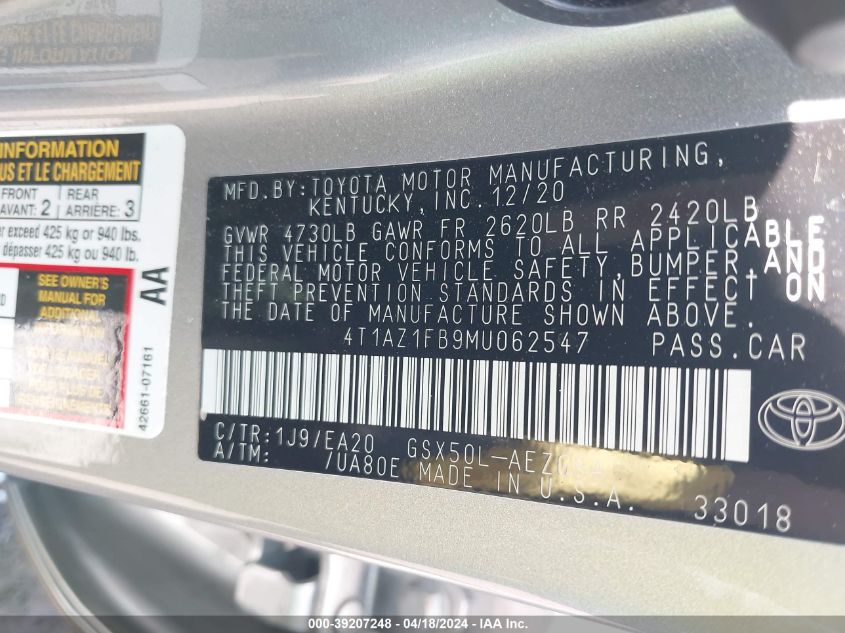 2021 Toyota Avalon Xle VIN: 4T1AZ1FB9MU062547 Lot: 39207248