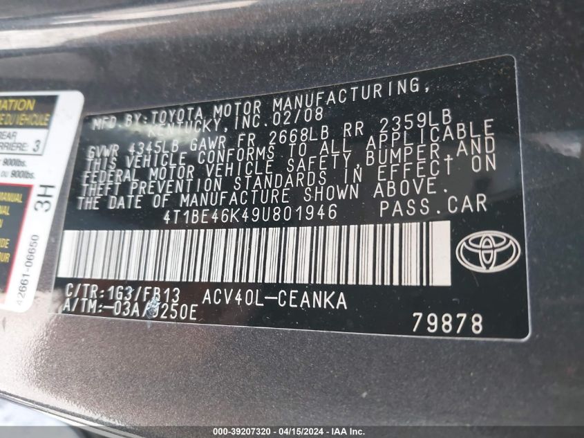 4T1BE46K49U801946 | 2009 TOYOTA CAMRY