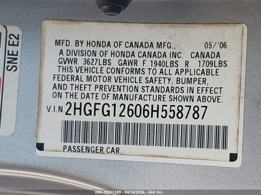 2HGFG12606H558787 | 2006 HONDA CIVIC