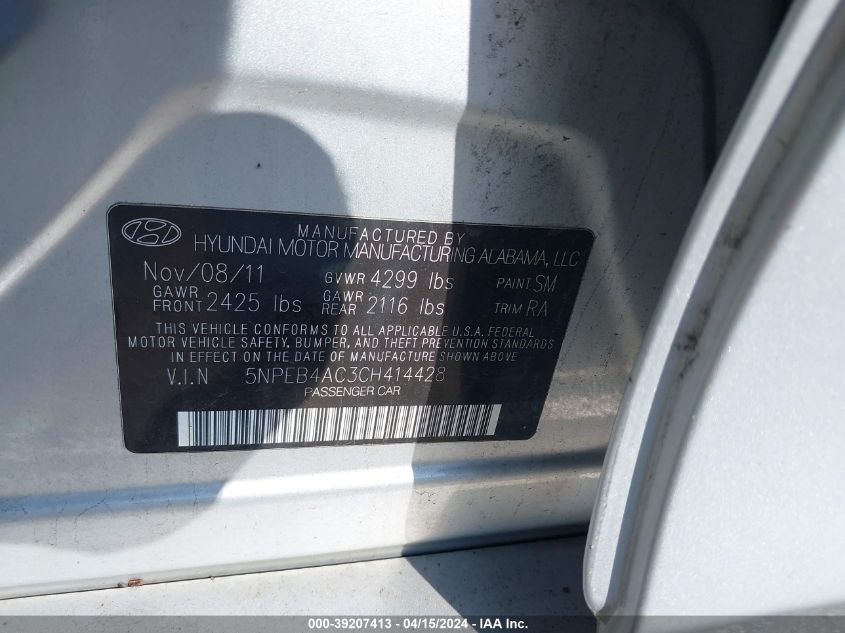 5NPEB4AC3CH414428 | 2012 HYUNDAI SONATA