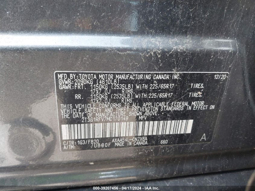 2021 Toyota Rav4 Le VIN: 2T3G1RFV7MC170149 Lot: 49321324