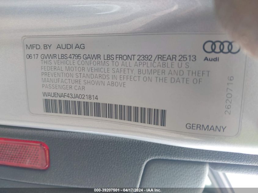 2018 Audi A4 2.0T Premium/2.0T Tech Premium VIN: WAUENAF43JA021814 Lot: 39207501