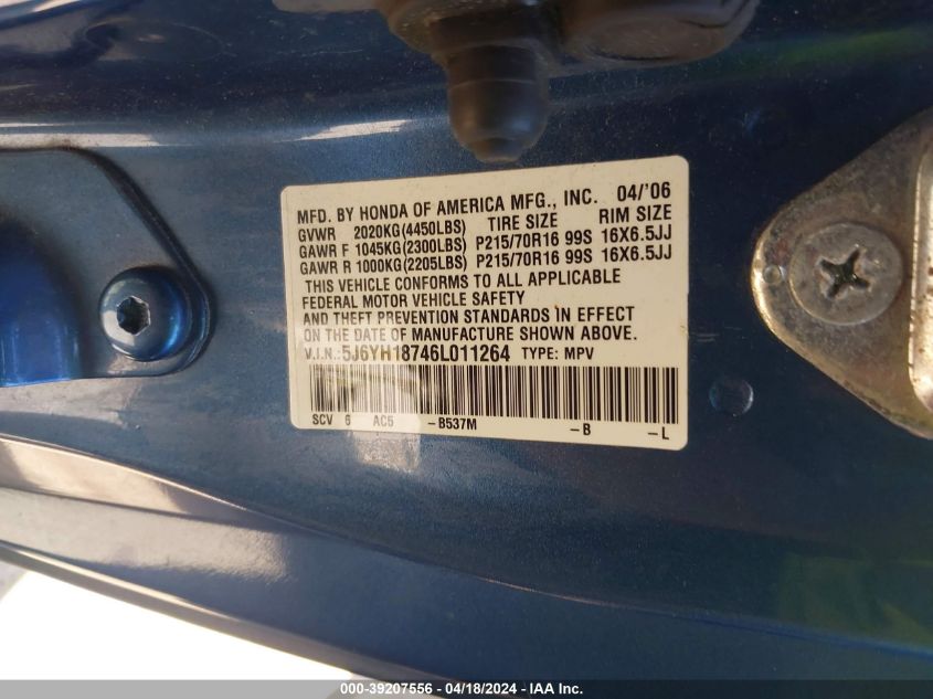 2006 Honda Element Ex-P VIN: 5J6YH18746L011264 Lot: 39207556