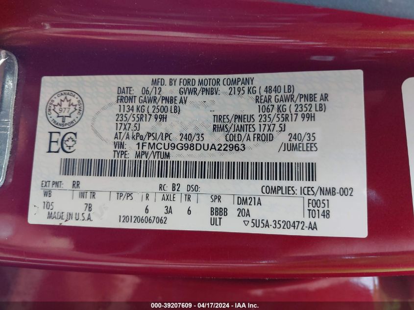 2013 Ford Escape Se VIN: 1FMCU9G98DUA22963 Lot: 39207609