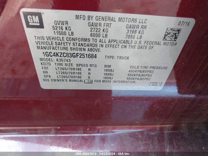 2016 Chevrolet Silverado 3500Hd Lt VIN: 1GC4KZC83GF251684 Lot: 39207612