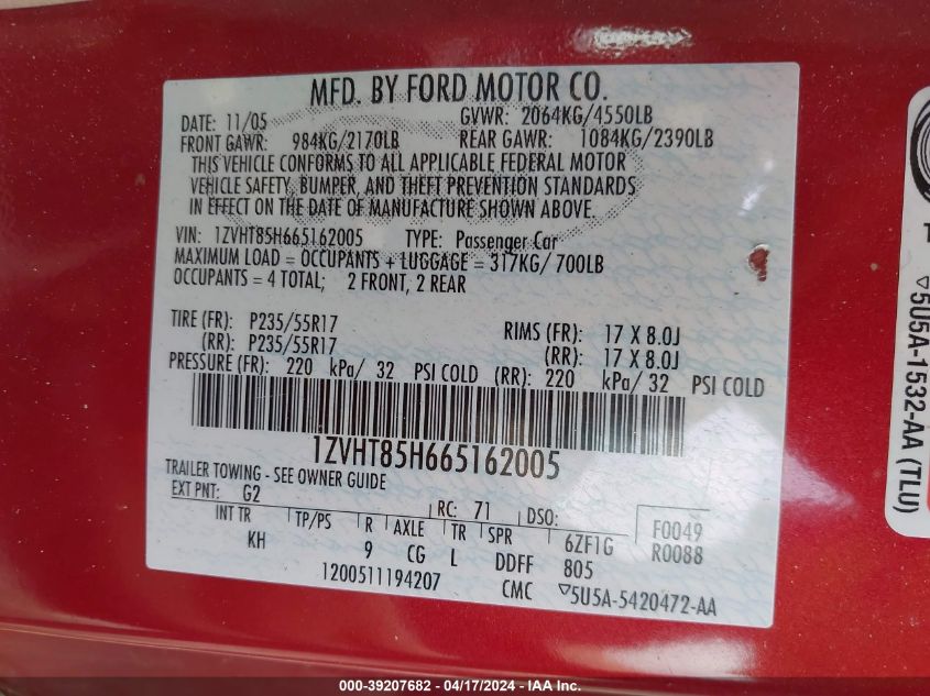 2006 Ford Mustang Gt VIN: 1ZVHT85H665162005 Lot: 39207682