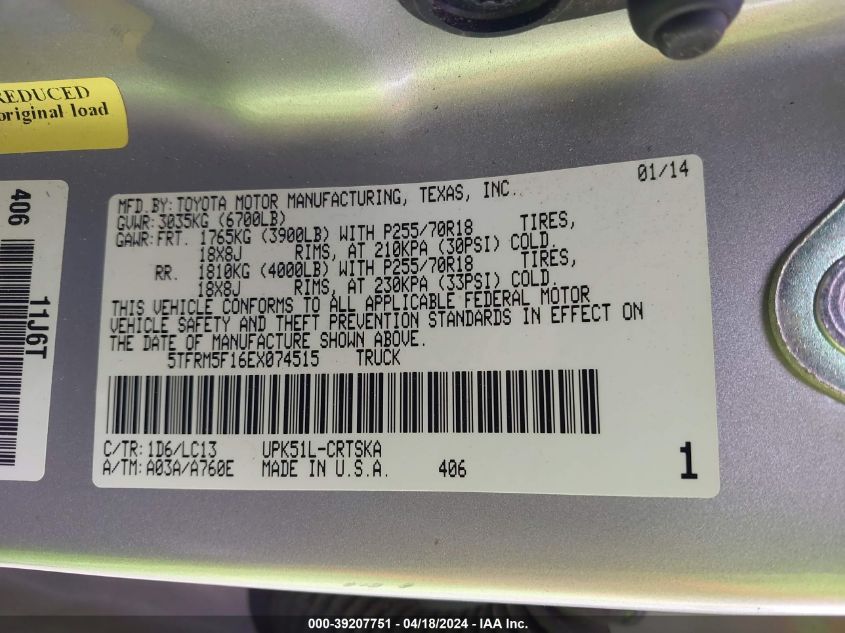 2014 Toyota Tundra Sr 4.6L V8 VIN: 5TFRM5F16EX074515 Lot: 39207751