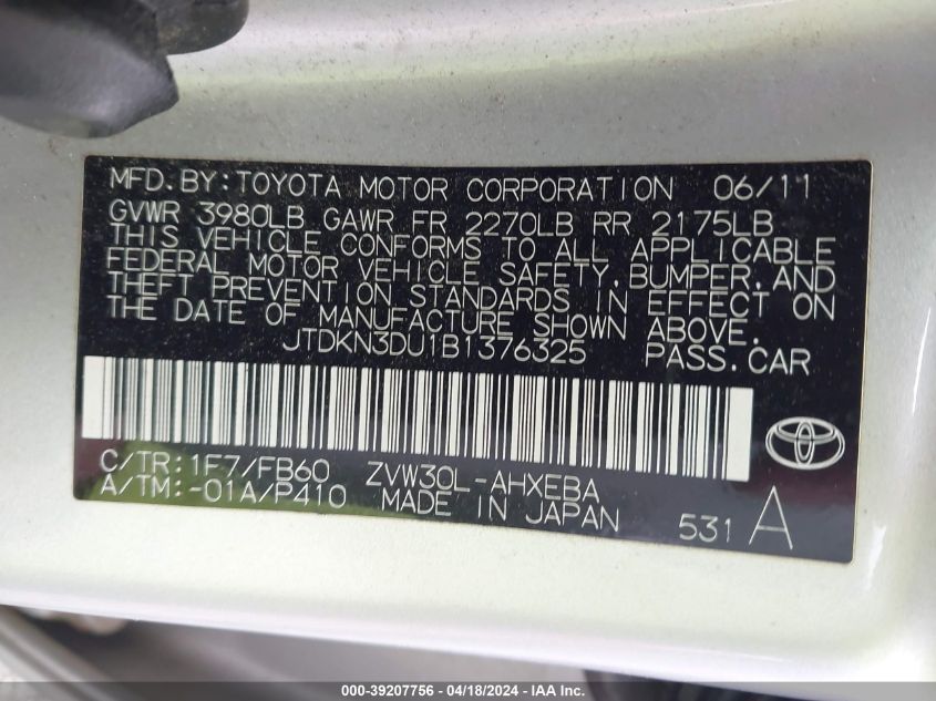 JTDKN3DU1B1376325 | 2011 TOYOTA PRIUS