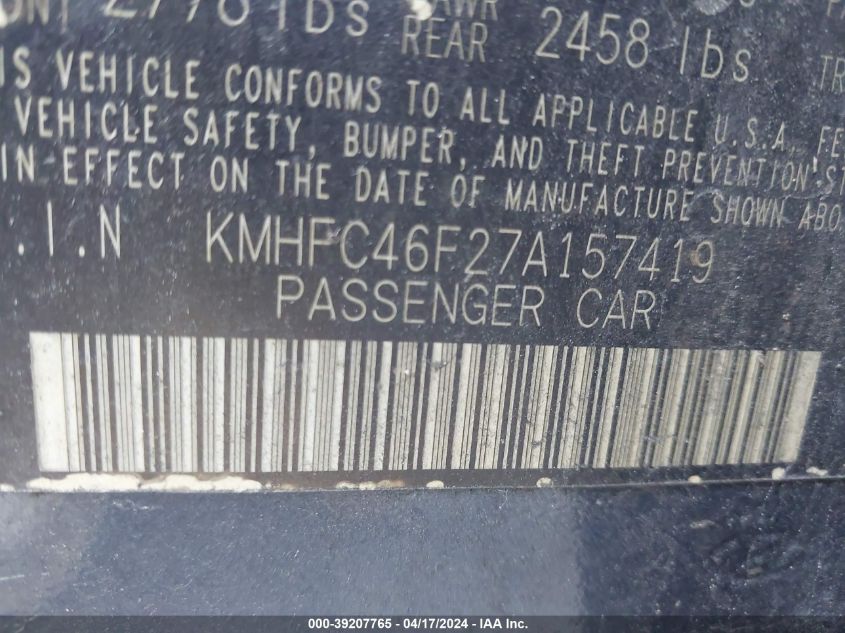 KMHFC46F27A157419 | 2007 HYUNDAI AZERA