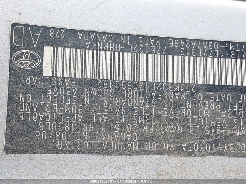 2007 Toyota Matrix Xr VIN: 2T1KR32E17C630182 Lot: 39207791