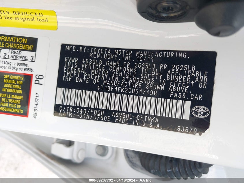 2012 Toyota Camry Le VIN: 4T1BF1FK3CU517498 Lot: 39207792