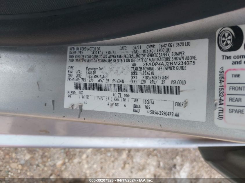 2011 Ford Fiesta S VIN: 3FADP4AJ2BM234075 Lot: 39207926