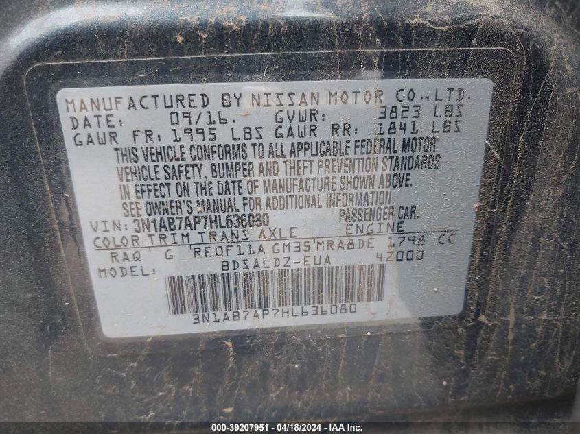 2017 Nissan Sentra Sv VIN: 3N1AB7AP7HL636080 Lot: 39207951