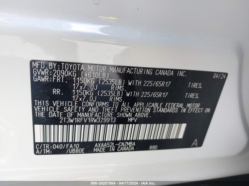 VIN 2T3W1RFV1RW329913 2024 TOYOTA RAV4 XLE