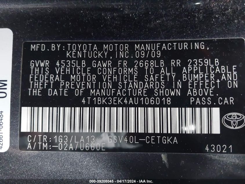 4T1BK3EK4AU106018 | 2010 TOYOTA CAMRY