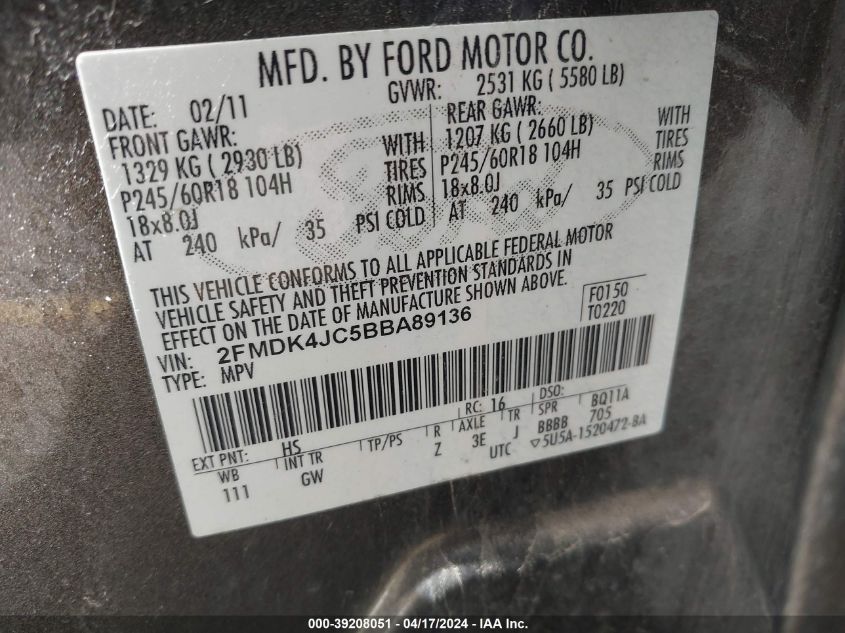 2011 Ford Edge Sel VIN: 2FMDK4JC5BBA89136 Lot: 39208051