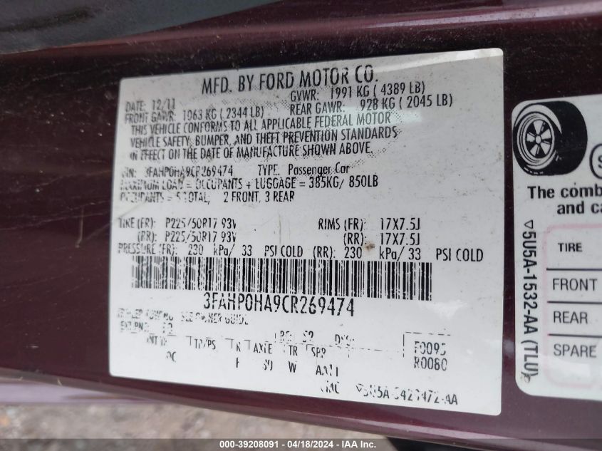 2012 Ford Fusion Se VIN: 3FAHP0HA9CR269474 Lot: 39208091