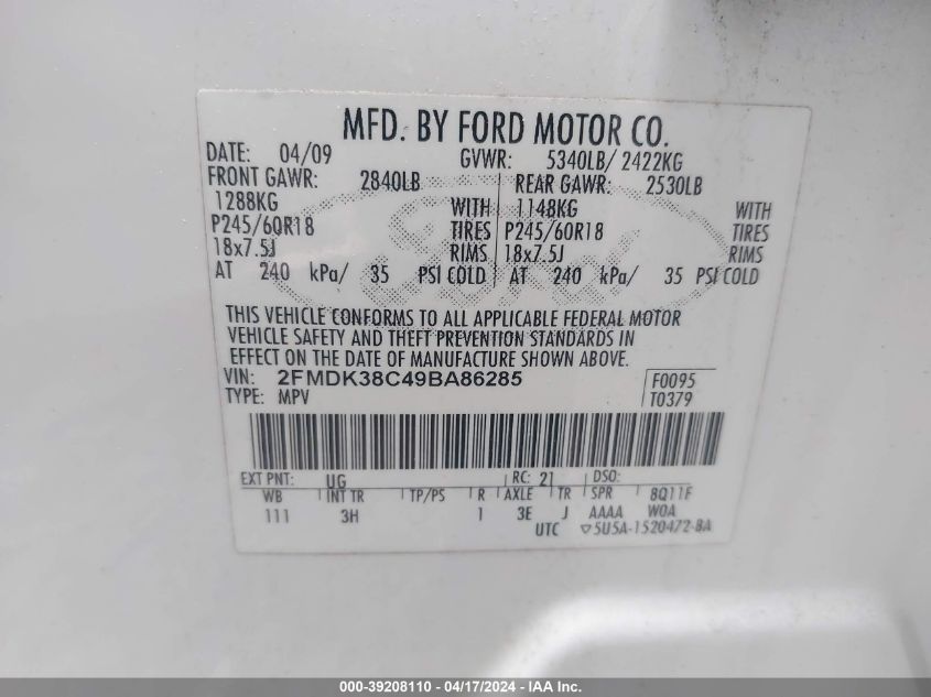 2009 Ford Edge Sel VIN: 2FMDK38C49BA86285 Lot: 39208110