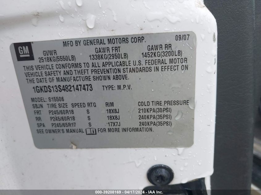 2008 GMC Envoy Slt VIN: 1GKDS13S482147473 Lot: 39208169