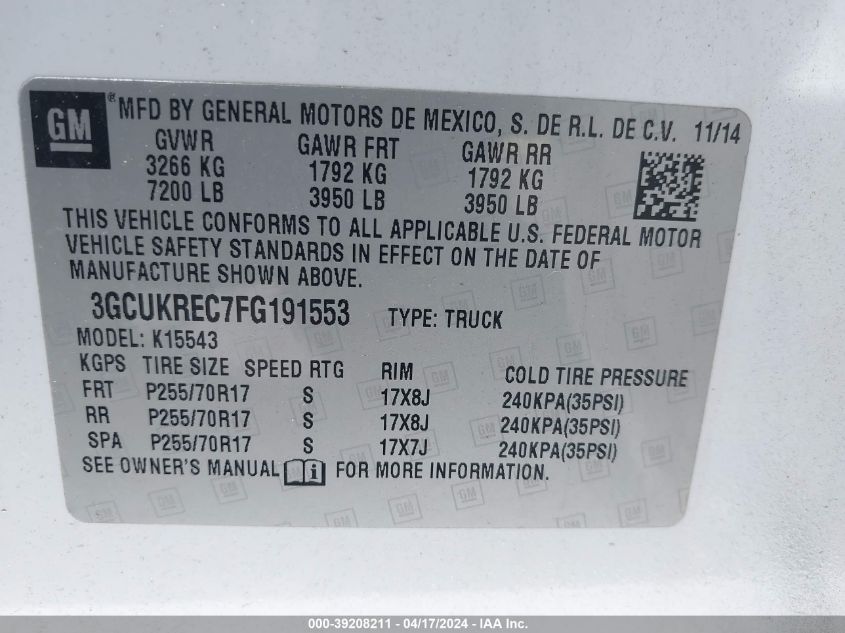 2015 Chevrolet Silverado 1500 1Lt VIN: 3GCUKREC7FG191553 Lot: 49925084