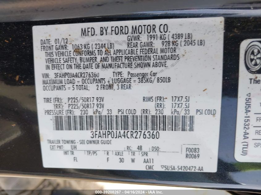 3FAHP0JA4CR276360 | 2012 FORD FUSION