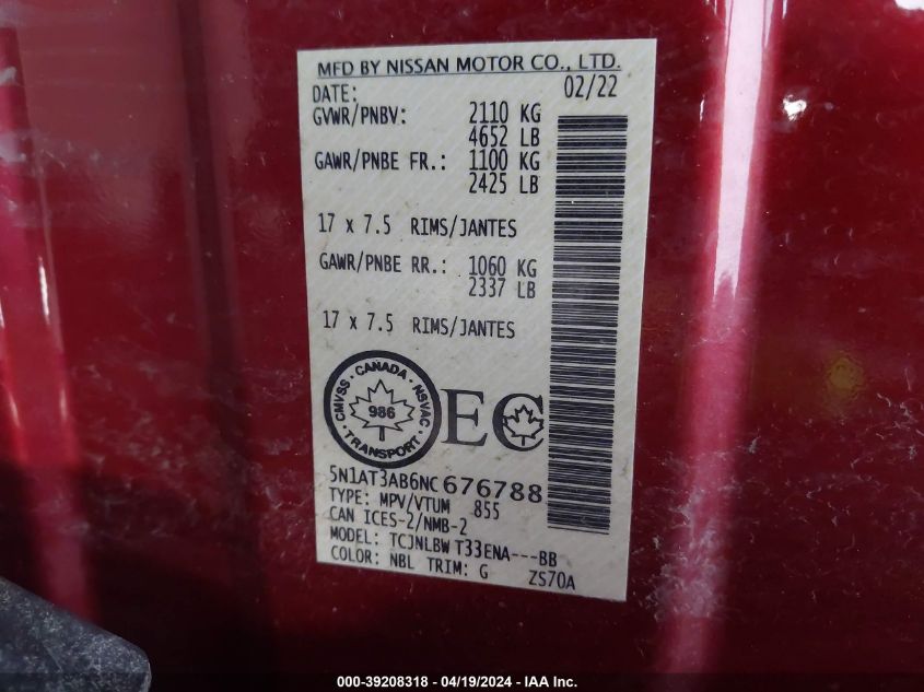 2022 Nissan Rogue VIN: 5N1AT3AB6NC676788 Lot: 11990243