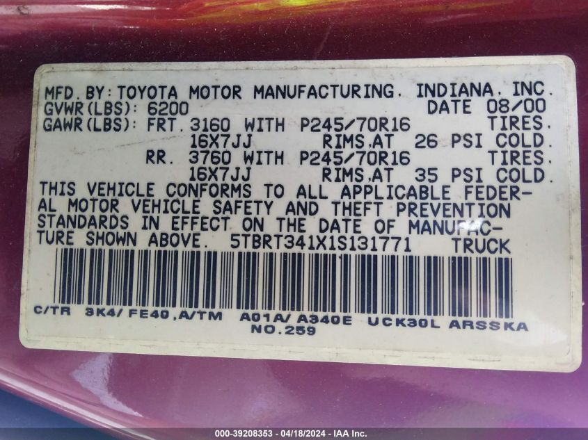 2001 Toyota Tundra Sr5 VIN: 5TBRT341X1S131771 Lot: 39208353
