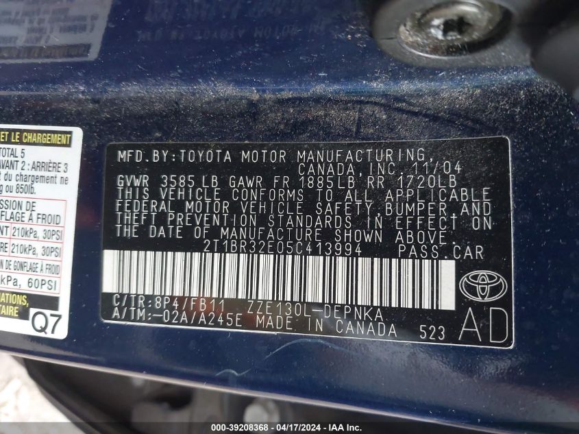 2005 Toyota Corolla Le VIN: 2T1BR32E05C413994 Lot: 39208368