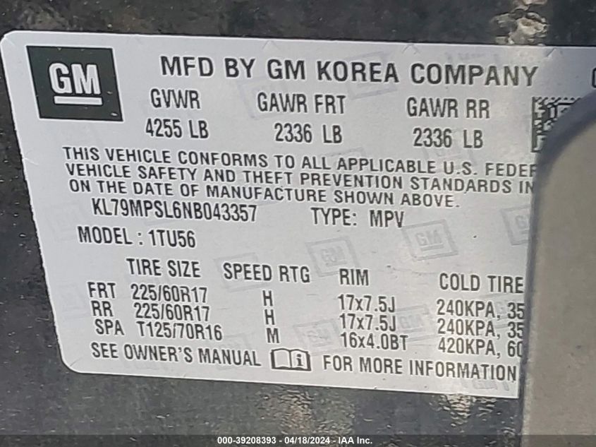 VIN KL79MPSL6NB043357 2022 CHEVROLET TRAILBLAZER no.9