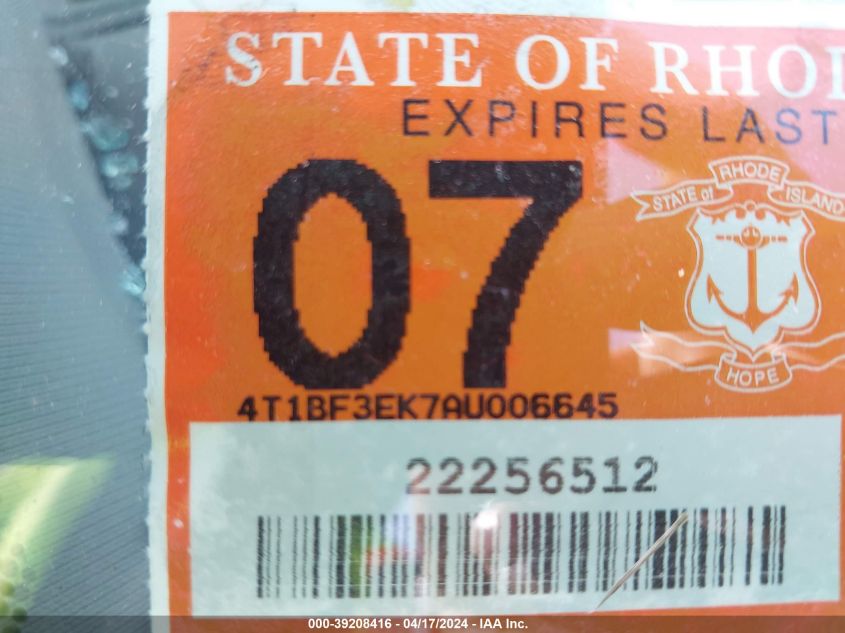 2010 Toyota Camry VIN: 4T1BF3EK7AU006645 Lot: 39208416