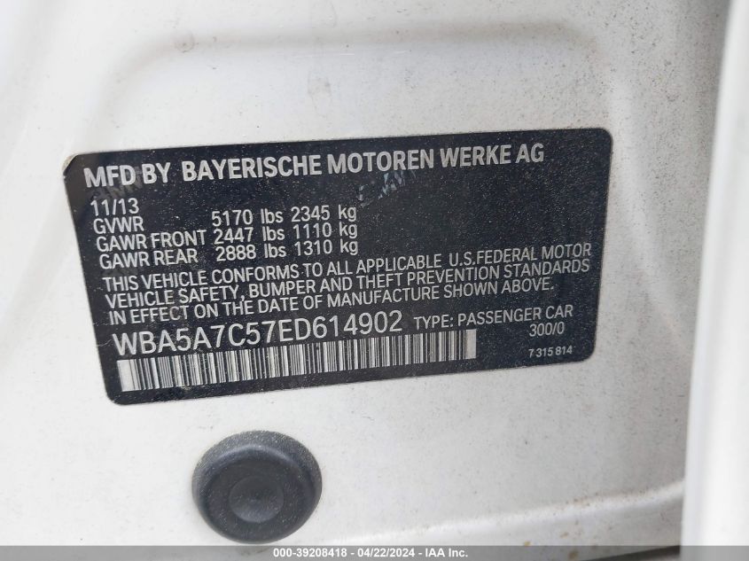 2014 BMW 528I xDrive VIN: WBA5A7C57ED614902 Lot: 39208418