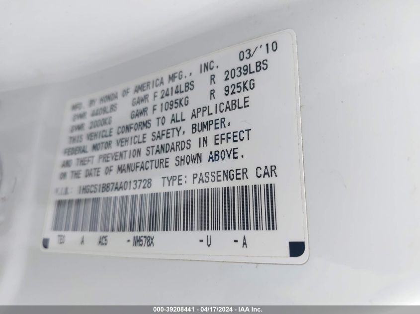 2010 Honda Accord 2.4 Ex-L VIN: 1HGCS1B87AA013728 Lot: 39208441