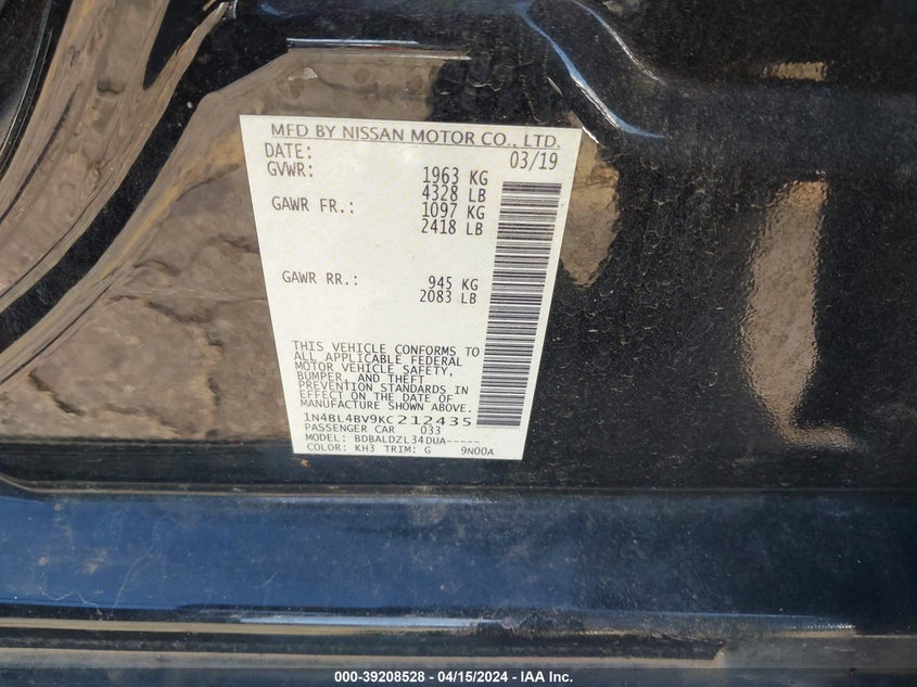 VIN 1N4BL4BV9KC212435 2019 NISSAN ALTIMA 2.5 S