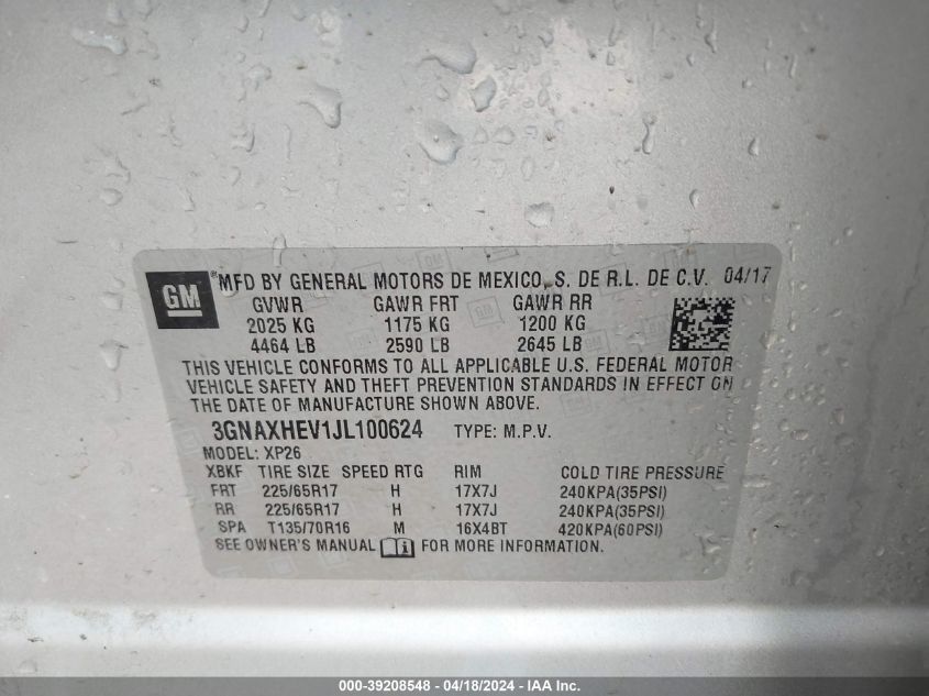 2018 Chevrolet Equinox Ls VIN: 3GNAXHEV1JL100624 Lot: 39208548