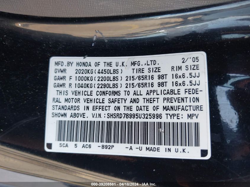 2005 Honda Cr-V Se VIN: SHSRD78995U325996 Lot: 39208581