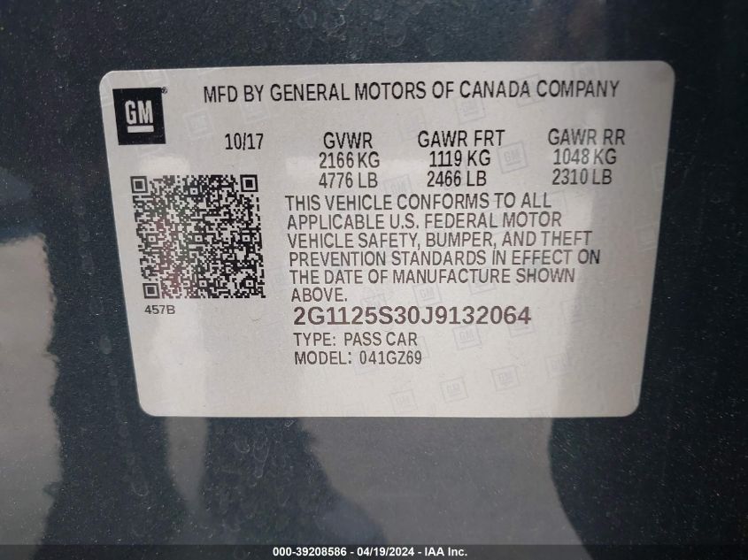 2018 Chevrolet Impala 2Lz VIN: 2G1125S30J9132064 Lot: 39208586