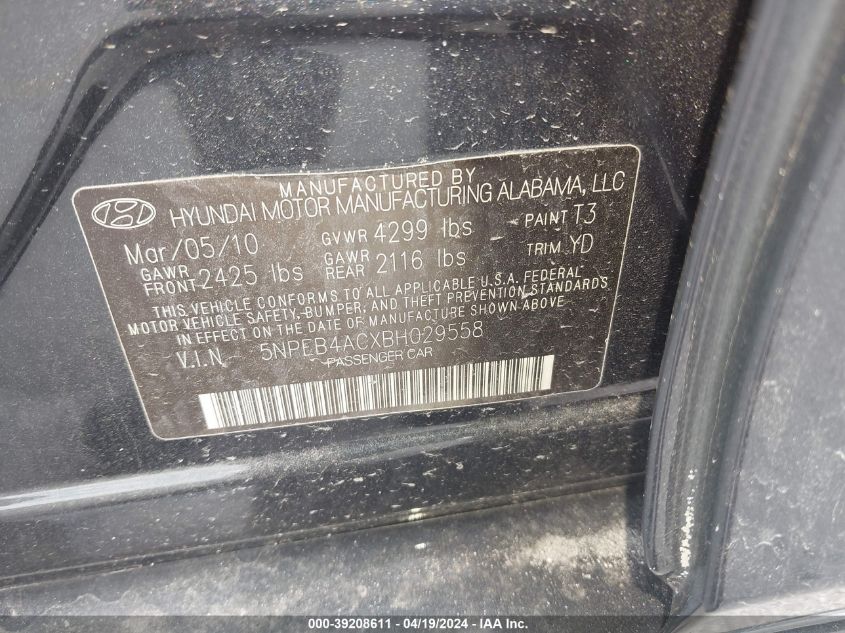 2011 Hyundai Sonata Gls VIN: 5NPEB4ACXBH029558 Lot: 39208611