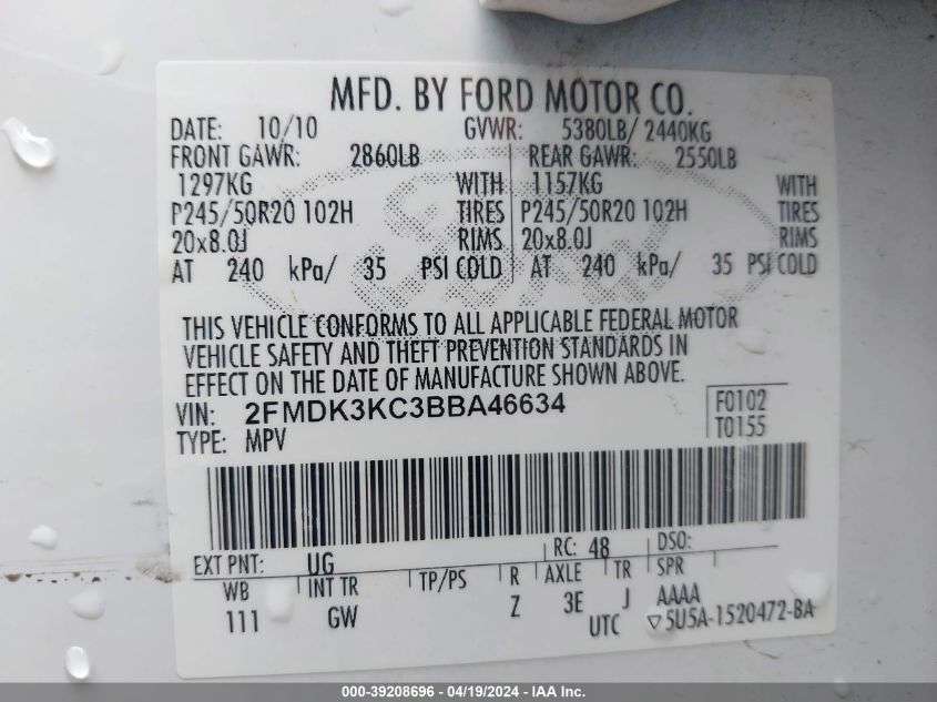 2011 Ford Edge Limited VIN: 2FMDK3KC3BBA46634 Lot: 39208696