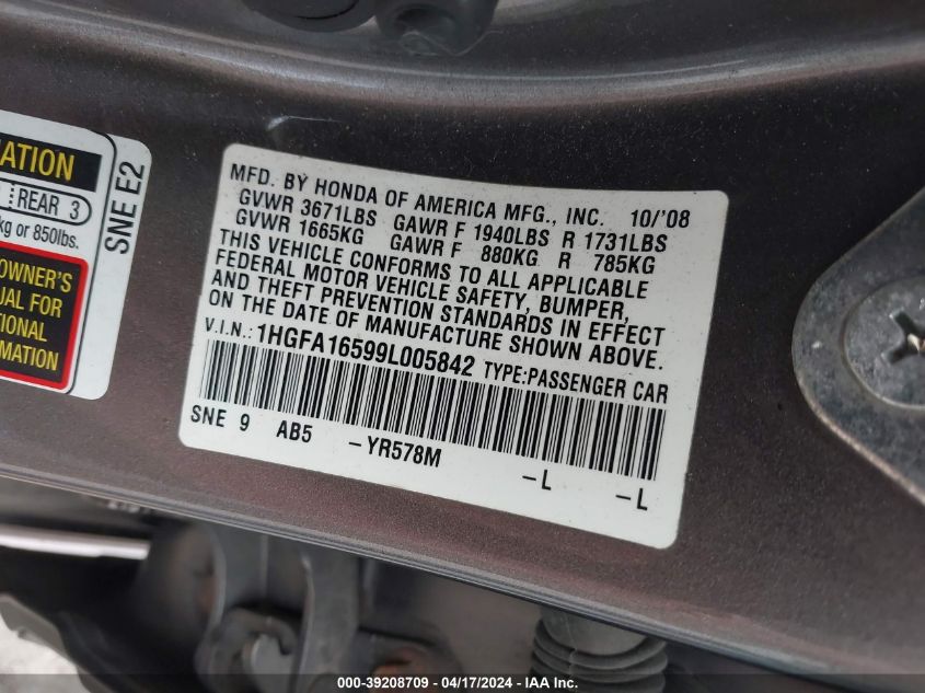 2009 Honda Civic Lx VIN: 1HGFA16599L005842 Lot: 49542434